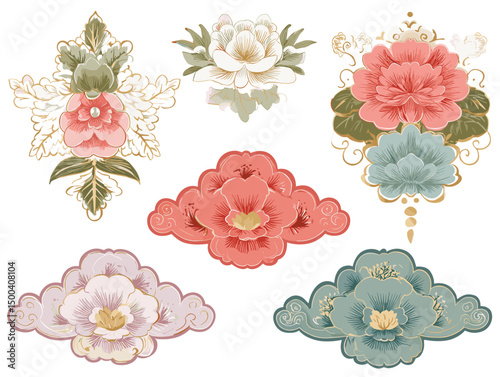 Traditional Korean Floral Motifs Set in Embroidery and Dancheong Style