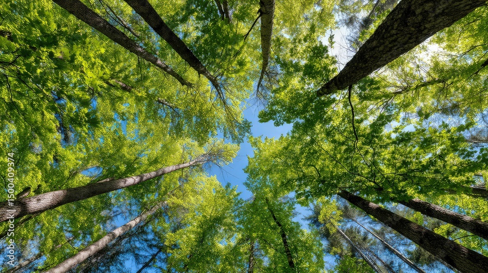 Fototapeta premium Forest canopy, looking up, towering trees