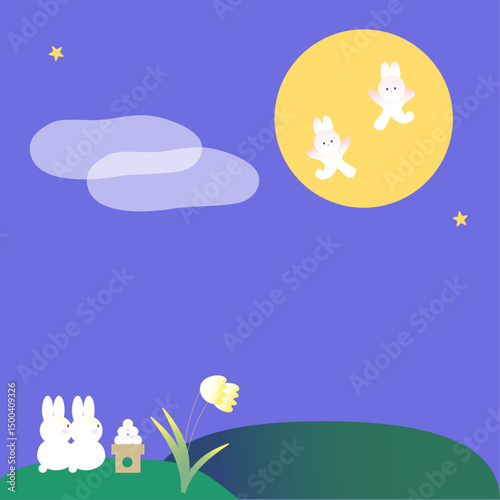 並んでお月見をするかわいいウサギのイラスト