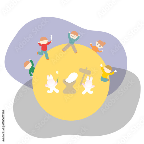 月の上で遊ぶうさぎと子供たちのイラスト