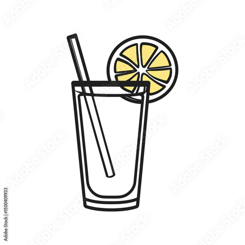 Outlined tall glass holds liquid with straw and lemon slice presents transparency