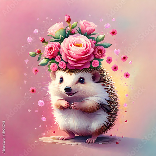 hedgehog wearing flowering roses hat