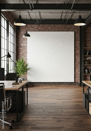 Industrial Office Interior With Red Brick Wall And Empty Poster Frame