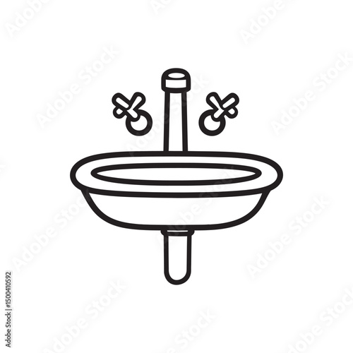 Outlined vintage washbasin possesses classic crosshead taps and a pedestal base on transparent background