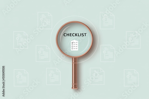 A checklist under a magnifying glass on a light blue background with document icons around it