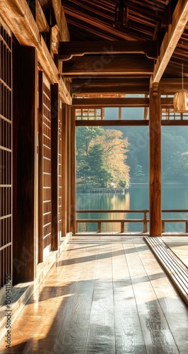 Wooden corridor with lake view