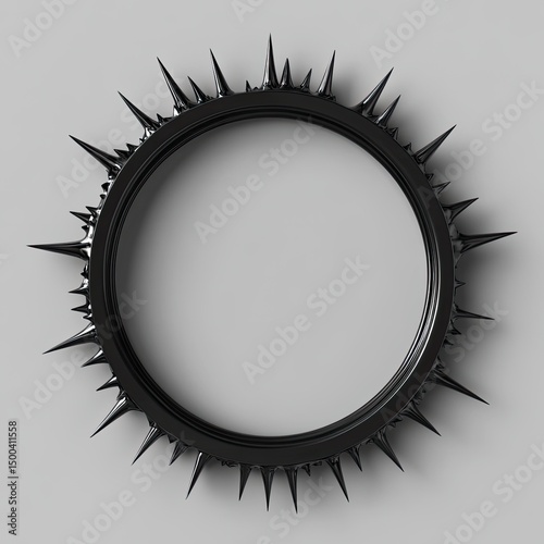 A black circular frame with sharp, pointed protrusions radiating outwards, resembling a stylized sun or crown, against a light grey background