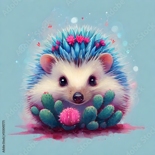 cyan hedgehog with cactus 