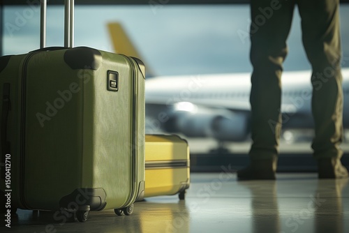 Luggage at airport terminal,  plane in background