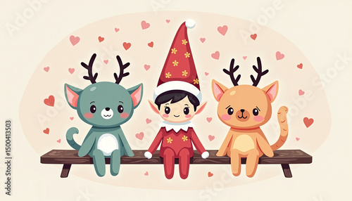 Elf on the Shelf with cute animals sitting  surrounded by hearts  