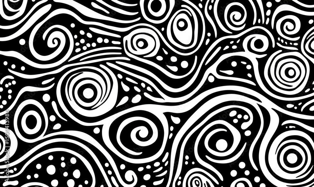 Abstract black and white pattern with swirling lines, circles, and dots Abstract black and white pattern with swirling lines, circles, and dots