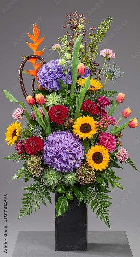 Obraz premium Photo of a Colorful Floral Arrangement with Sunflowers Tulips and Hydrangeas in Vase