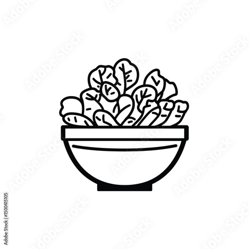 Salad leaves are placed inside a round bowl, which is shown in line art