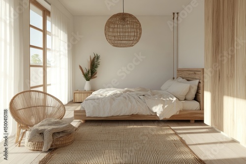 Beige and light wood bedroom with wicker accents