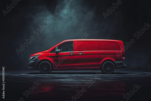 A vibrant red cargo van, sharply lit, sits on a dark, smoky surface, showcasing its sleek profile and sporty alloy wheels