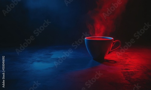 Steaming coffee cup, dark moody background, red blue light