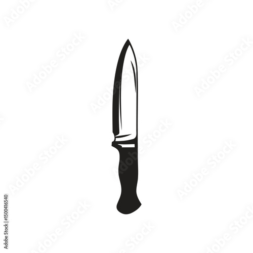 Sharp edged hunting knife is presented in a sleek black and white design