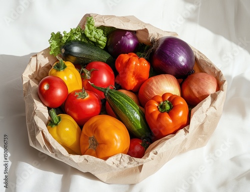 Assorted fresh produce in brown paper bag