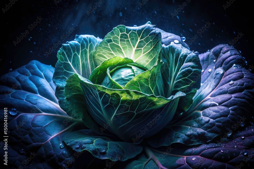 Obraz premium Night Rain Cabbage Split Fork - Dramatic Low Light Vegetable Photography