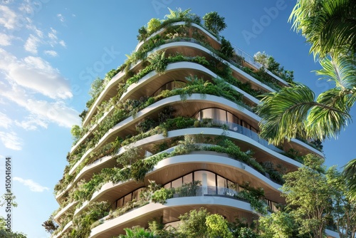 Lush, curved residential building with extensive green spaces