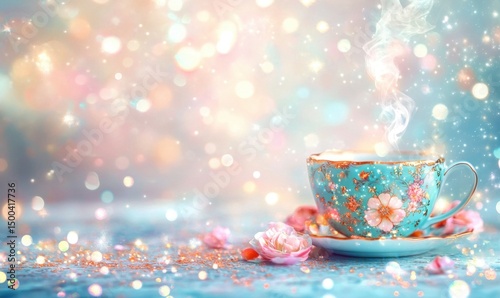 Steaming teacup with roses, bokeh background; ideal for relaxation, tea time, or springtime promotions