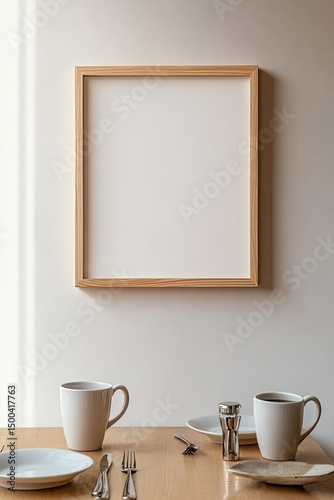Empty frame on a wall, breakfast setting