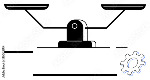 Balanced scale with sideways gear representing justice, system optimization, equality, rational decisions, innovation, and ethical frameworks. Ideal for law, technology business and equality. Clean