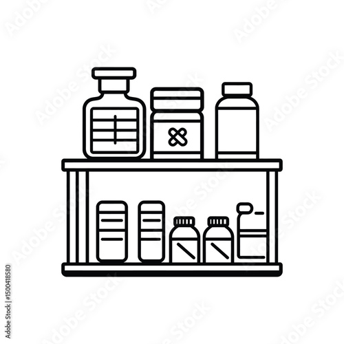 Shelved medicine bottles of various shapes are outlined against a transparent backdrop