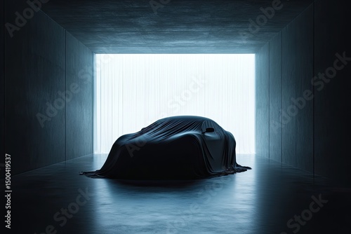 Wallpaper Mural A sleek, dark car shrouded in a black cloth sits in a dimly lit, minimalist concrete garage, bathed in pale light from a large opening behind it Torontodigital.ca