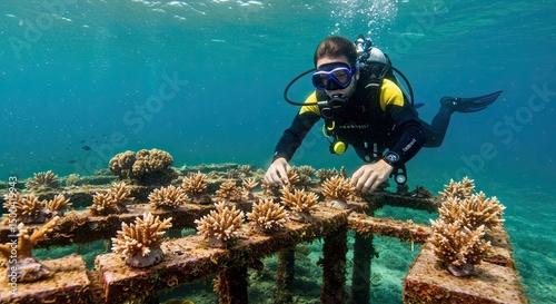 Fototapeta Naklejka Na Ścianę i Meble -  Underwater Coral Reef Restoration by Diver
