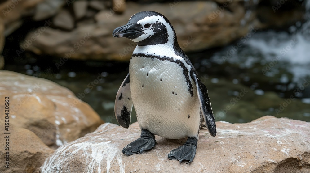 Naklejka premium Humboldt Penguin Standing on Rocks Near Water