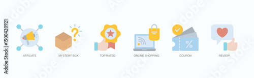 Ecommerce And Rewards Icon Set Isolated Vector Illustration Concept With Icon Of Affiliate, Mystery Box, Top Rated, Online Shopping, Coupon, Review In Flat Style