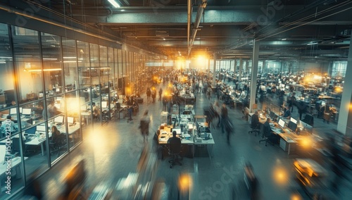 Busy office interior, many people working, high-tech