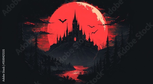 Dark gothic castle under a blood red moon