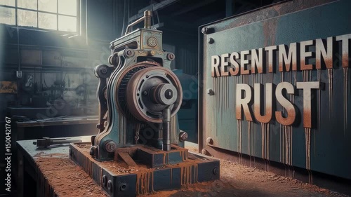 Rusty industrial machine sits on a workbench, dripping with rust colored liquid, next to a sign reading resentment rust in a dimly lit workshop
