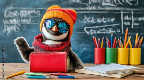 Cool Penguin Student Ready to Learn at School