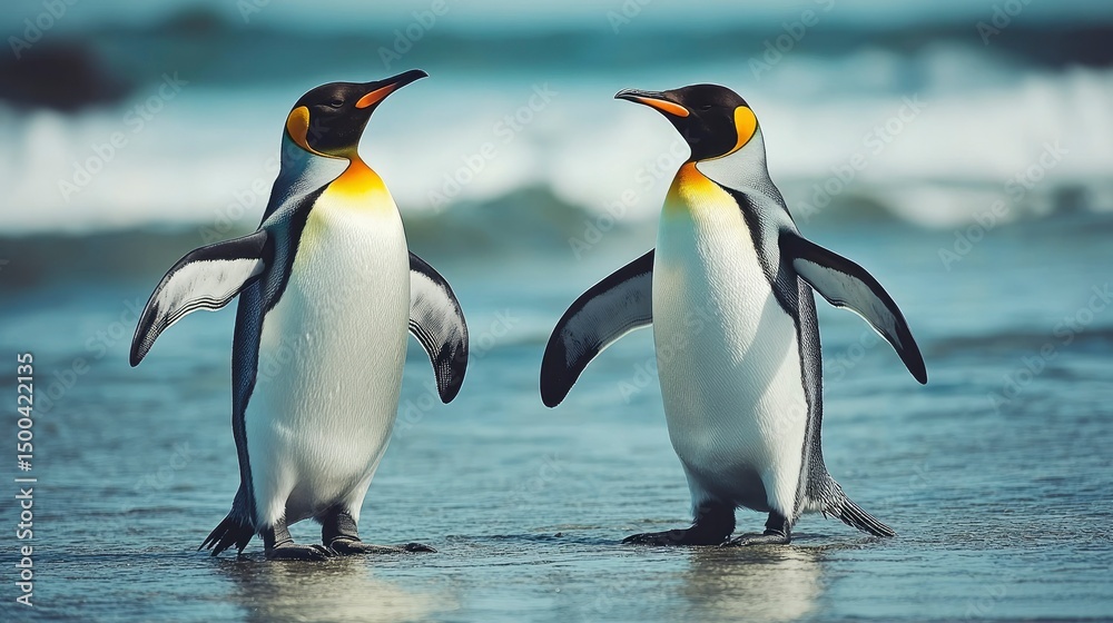 Obraz premium Two King Penguins Facing Each Other on a Beach