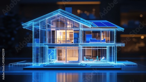 3D model of a modern, energy-efficient house, seen from the side, with translucent, glowing blue architectural lines.  Interior rooms and solar panels visible