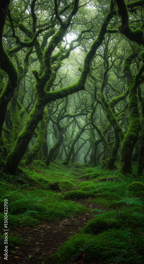 Fototapeta premium Photo Of A Lush Green Forest With Misty Branches And A Walking Path