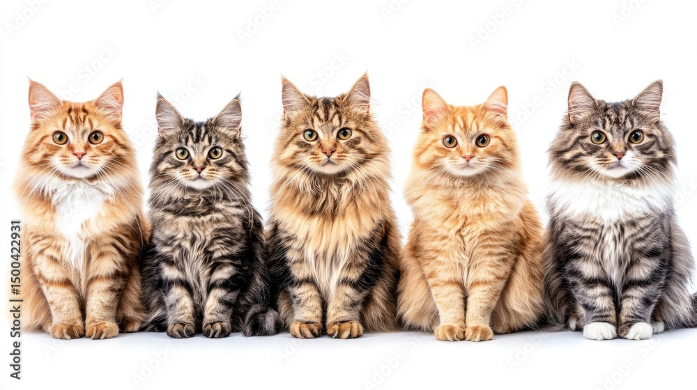 Four Fluffy Cats Sitting in a Row on White Background