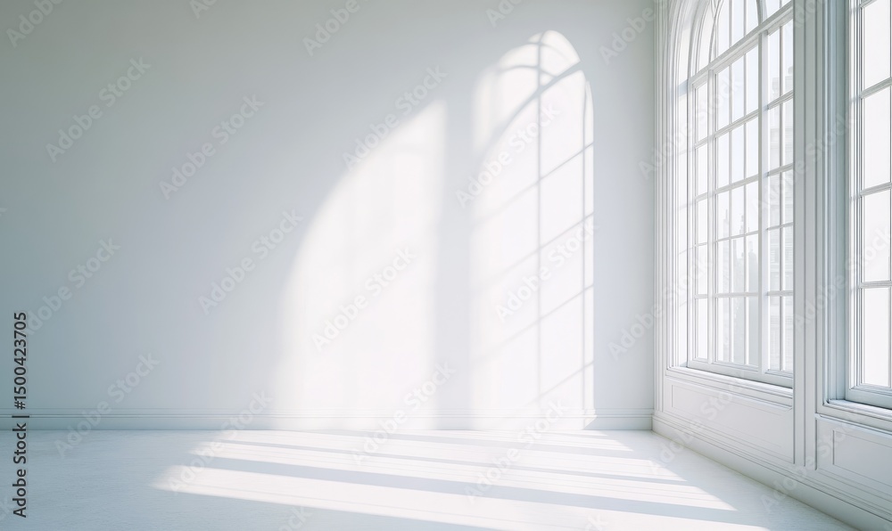 Fototapeta premium Sunlight streams into a minimalist white room, illuminating a corner with a large arched window and blank wall, casting dramatic shadows on the floor