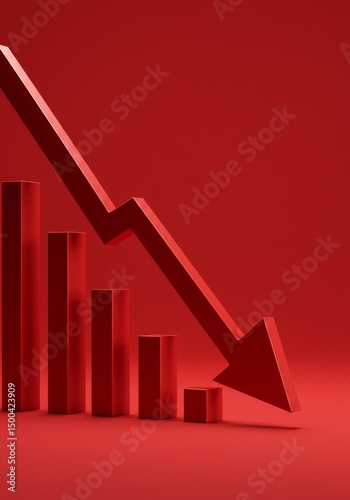 3D Render Of Red Downward Arrow And Bar Chart Representing Decline