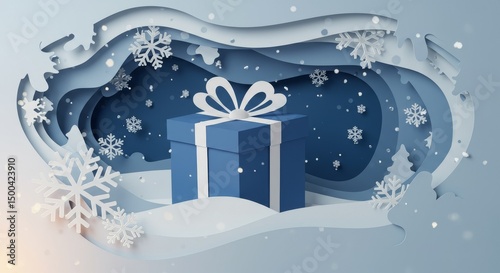 3D Papercut Illustration of a Blue Gift Box with Snowflakes in a Winter Scene