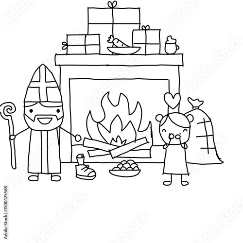 Hand Drawn Vector line drawing illustration of Sinterklaas and Ozosnel