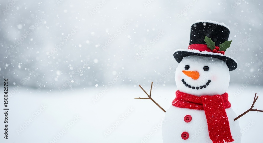 Fototapeta premium A Smiling Snowman in a Black Top Hat Red Scarf Against Snowy Background Photo