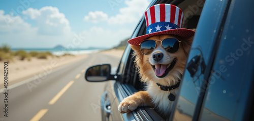 Cute and happy dog ​​looking out of the window of a car running on a beach road wearing an American flag hat and sunglasses summer vacation animal lover design Independence da 4th of july patriotic ho