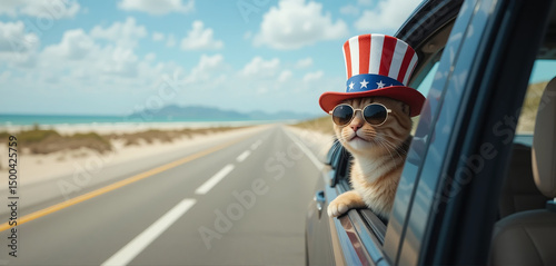 Cute and happy cat ​​looking out of the window of a car running on a beach road wearing an American flag hat and sunglasses summer vacation animal lover design Independence da 4th of july patriotic ho