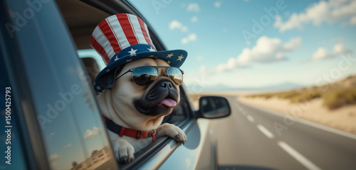 Cute and happy pug dog ​​looking out of the window of a car running on a beach road wearing an American flag hat and sunglasses summer vacation animal lover design Independence da 4th of july patrioti
