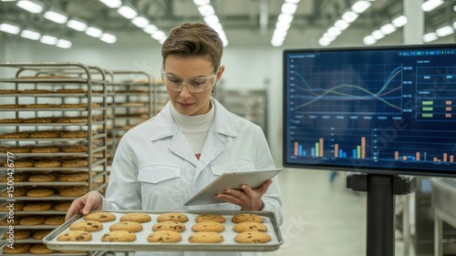 Quality Control Specialist Inspecting Baked Goods in Modern Food Production Facility