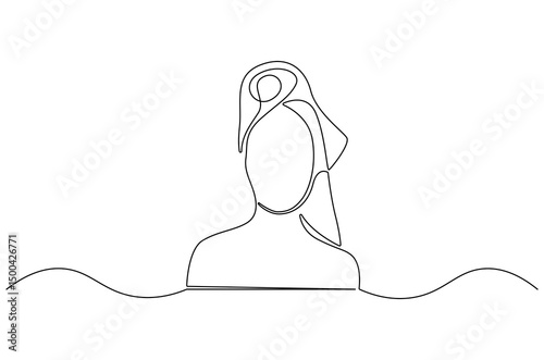Continuous one line drawing of Beautiful woman with towel. Single line drawing illustration of Sensual woman with towel on head. International Beauty day concept vector art. Doodle line illustration.